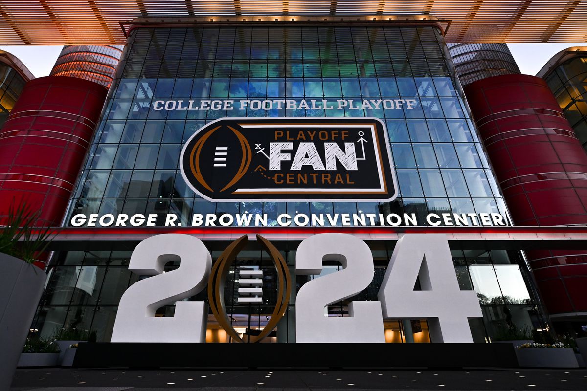 College Football National Championship logo at the George R Brown Convention Center, the sight of Playoff Fan Central.