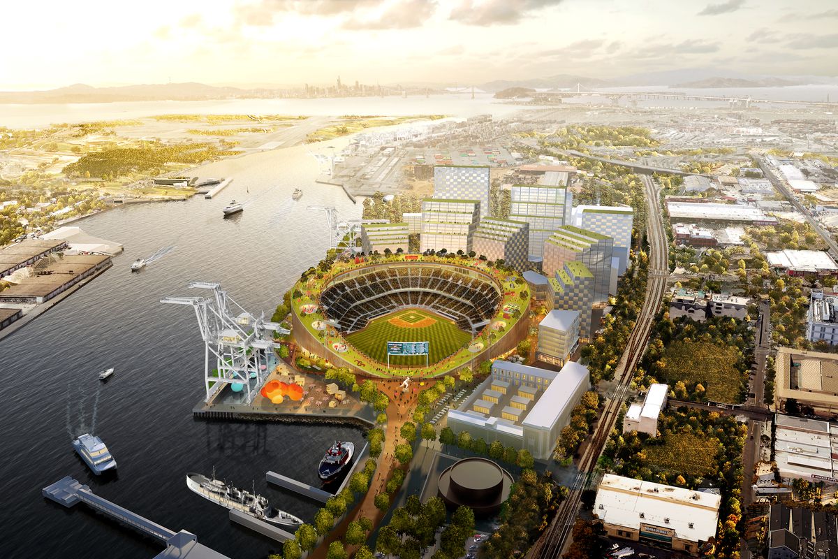 Artistic rendering of a modern, open-roof ballpark surrounded by trees, buildings, and a harbor.