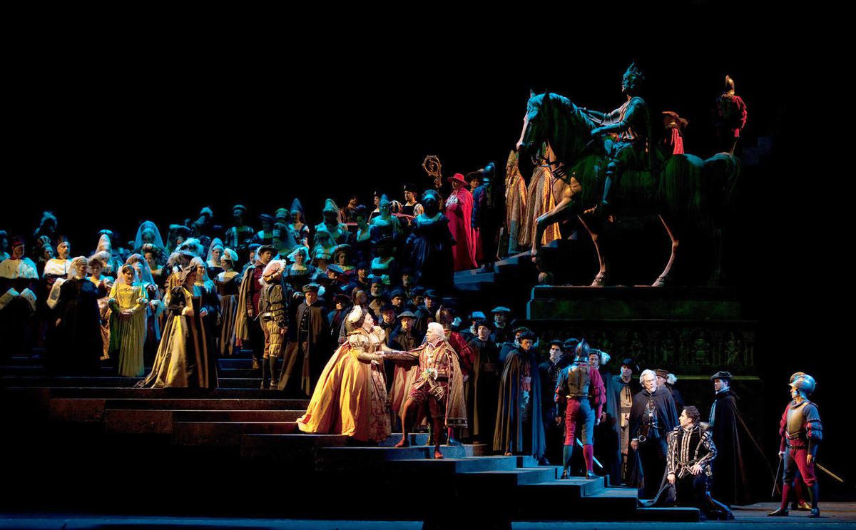 This Jan. 26, 2012, photo provided by the Metropolitan Opera shows a scene from Verdi’s “Ernani” during a dress rehearsal at the Metropolitan Opera in New York.