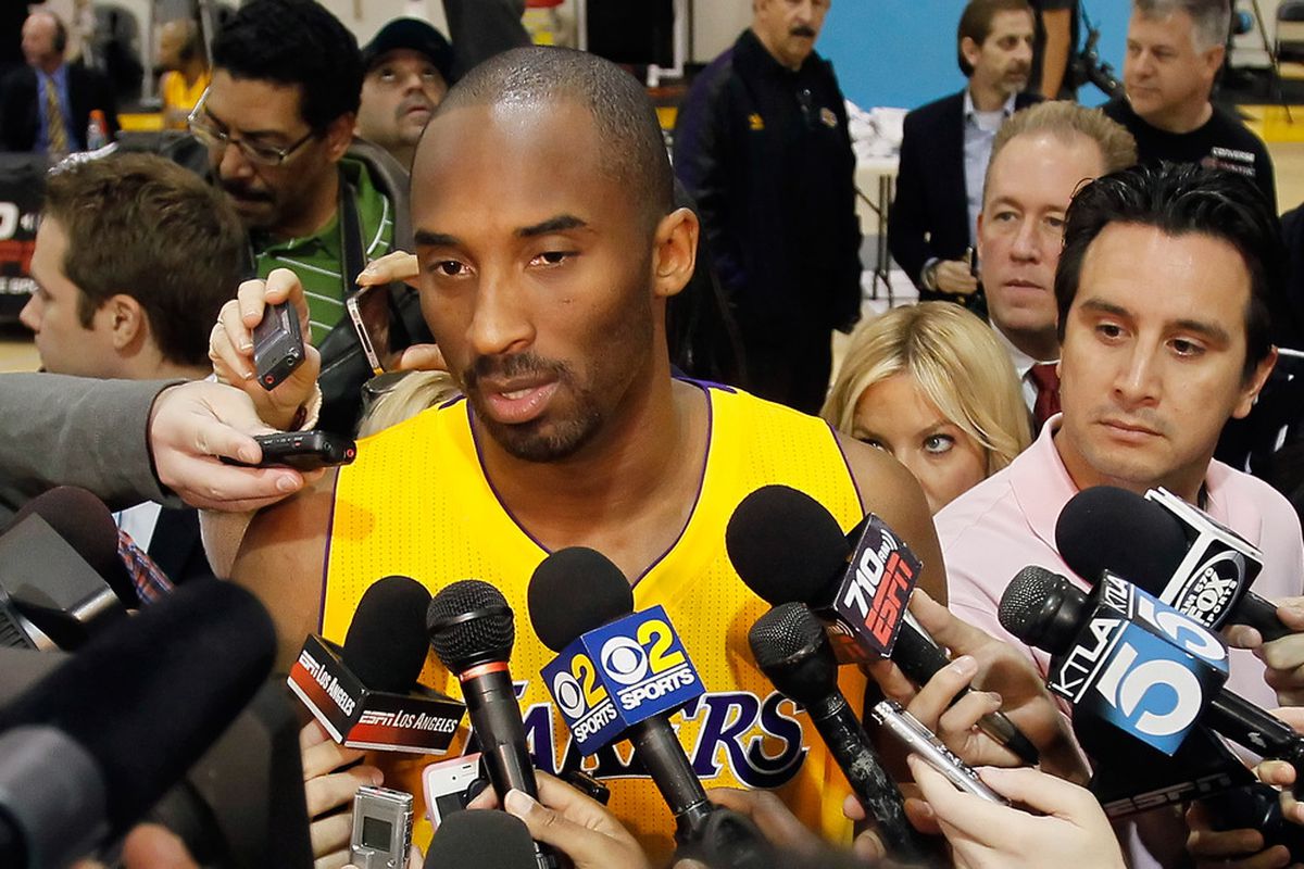EL SEGUNDO, CA - DECEMBER 11:  Kobe Bryant #24 talks with the media during Los Angeles Lakers Media Day at Toyota Sports Center on December 11, 2011 in El Segundo, California.  (Photo by Jeff Gross/Getty Images)
