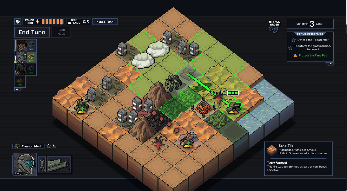 Into the Breach - player mechs move across a battlefield during the player’s turn