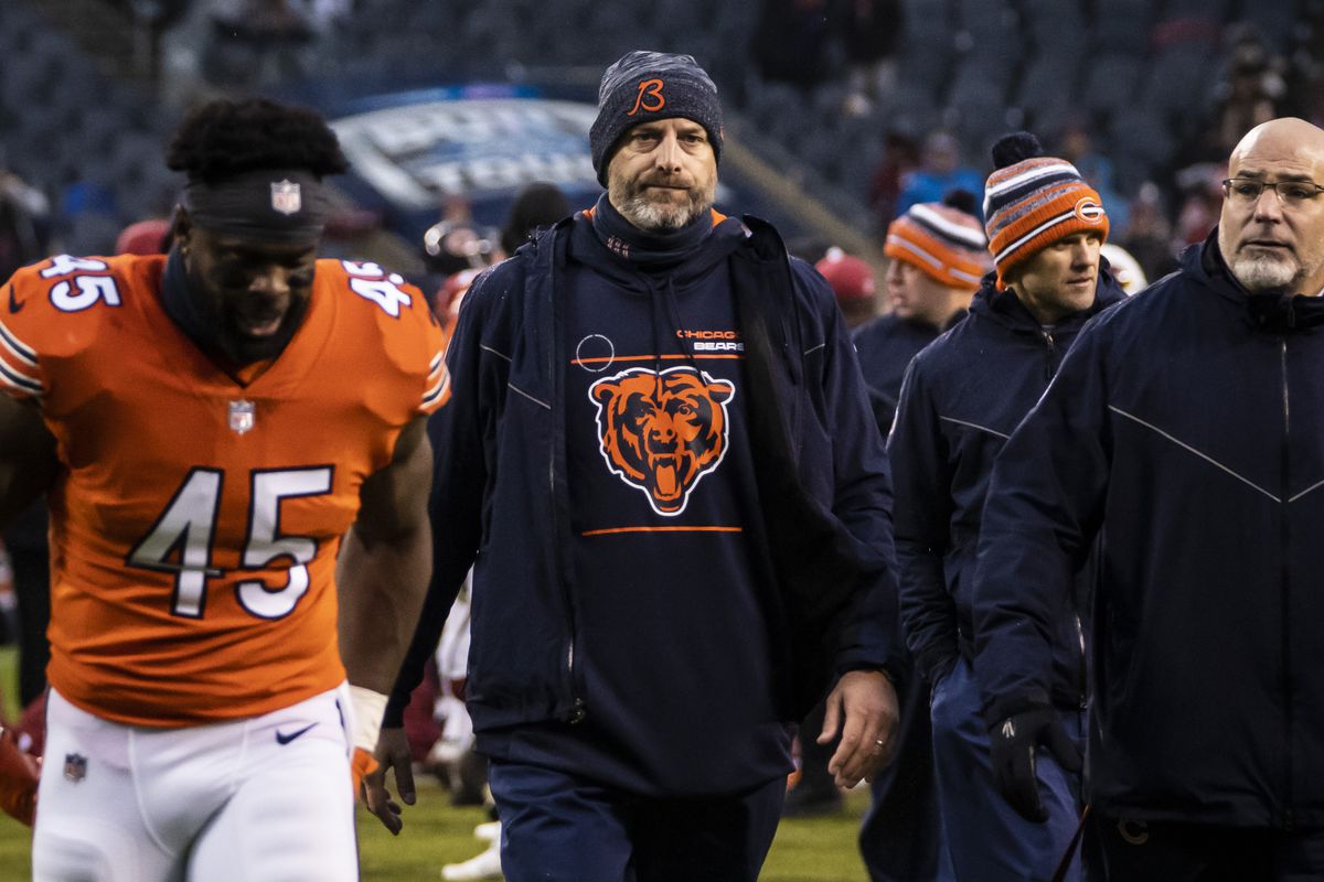 Bears coach Matt Nagy leaves the field after another loss on Sunday. 