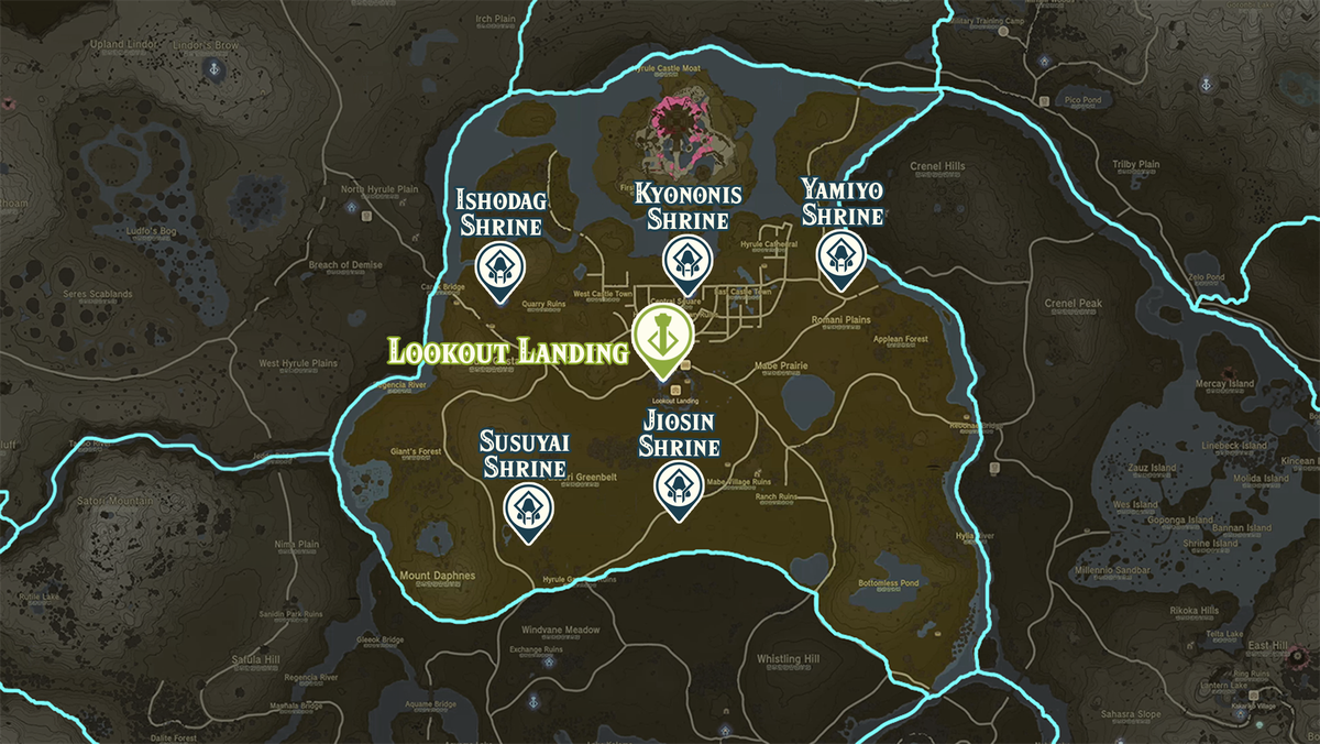 Zelda: Tears of the Kingdom map of the Lookout Landing region with shrine locations marked