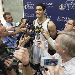 Enes Kanter talks with the media as the Utah Jazz hold their media day Monday, Sept. 29, 2014, in Salt Lake City at the Zions Bank Basketball Center.