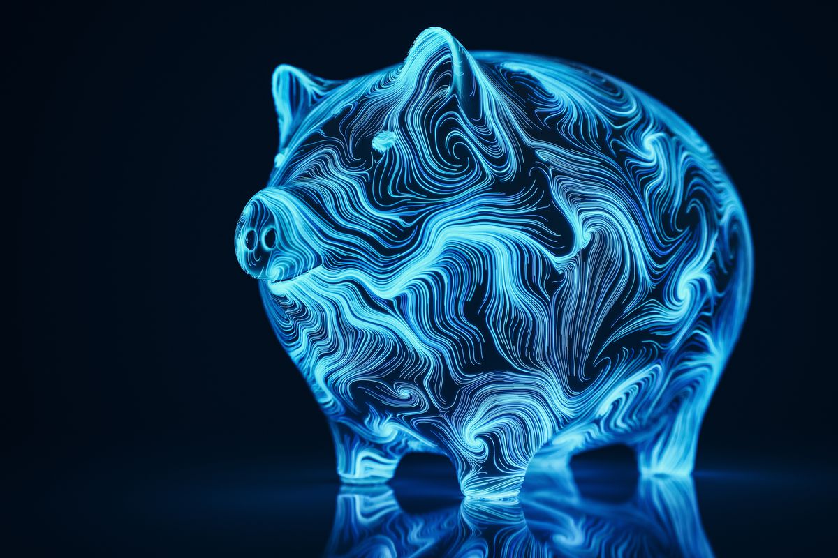 A piggy bank shape covered in swirling neon blue zigzagging lines.