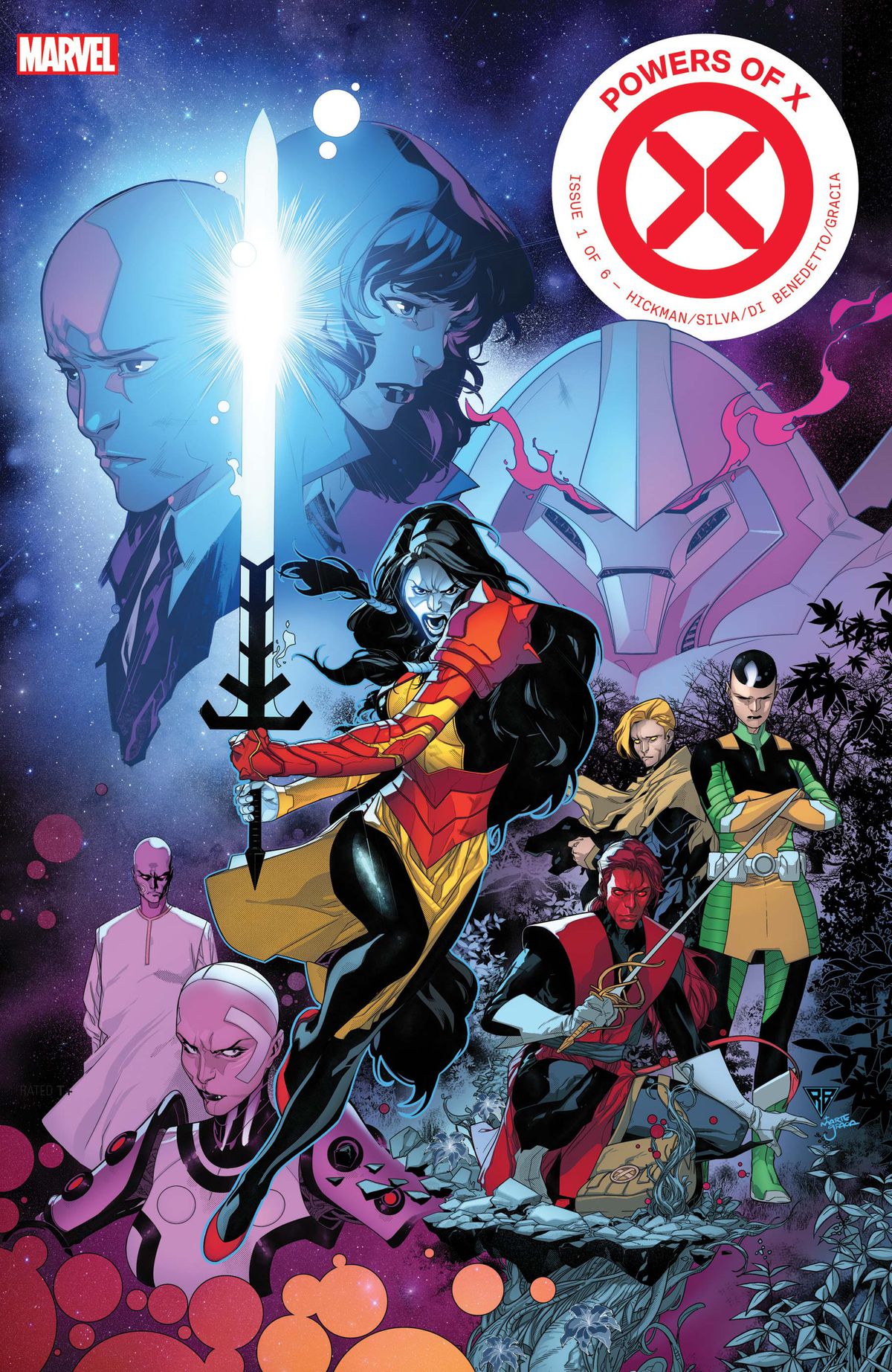 The mutant soldier Rasputin, wielding a massive energy sword, front and center on the cover of Powers of X #1, Marvel Comics (2019).