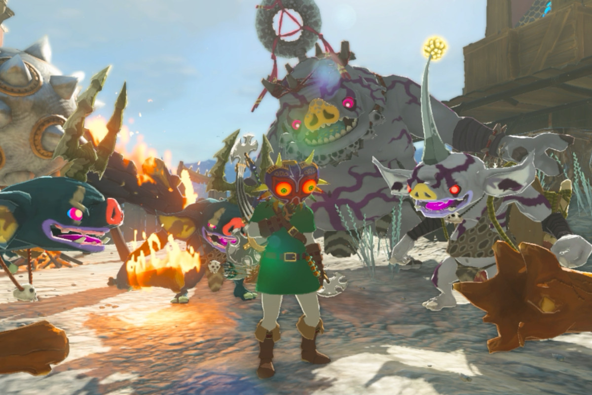 Link wearing Majora’s Mask while surrounded by a lot of Bokoblins and a Silver Boss Bokoblin in The Legend of Zelda: Tears of the Kingdom