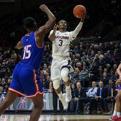 The UMass Lowell River Hawks take on the UConn Huskies in a men’s college basketball game at Gampel Pavilion in Storrs, CT on November 27, 2018