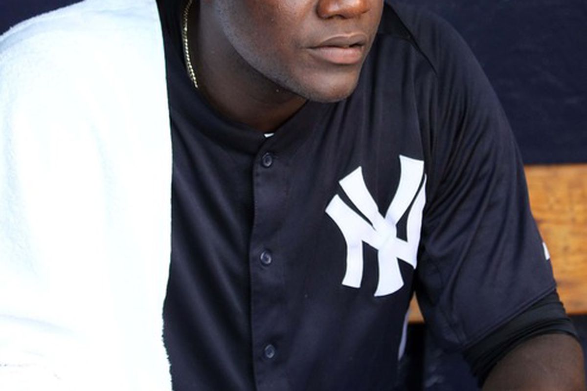 March 20, 2012; Tampa, FL, USA; New York Yankees starting pitcher Michael Pineda (35) in the dugout after he pitched the first inning against the Pittsburgh Pirates at George M. Steinbrenner Field. Mandatory Credit: Kim Klement-US PRESSWIRE
