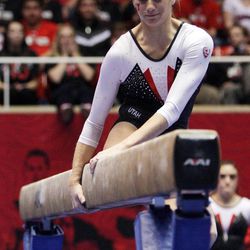 University of Utah gymnast Mary Beth Lofgren falls off the beam against Arizona State in Salt Lake City Friday, Feb. 1, 2013.