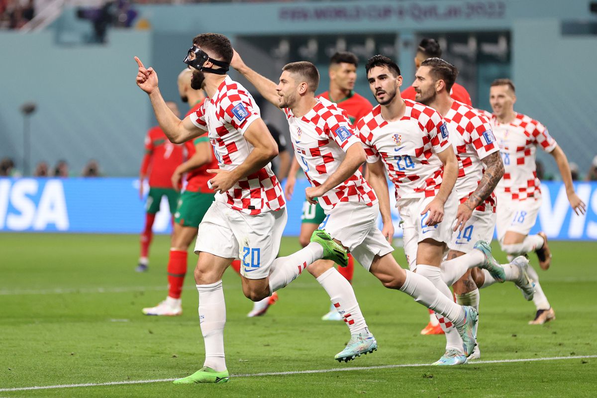 Josko Gvardiol of Croatia celebrates after scoring the team’s first goal during the FIFA World Cup Qatar 2022 3rd Place match between Croatia and Morocco at Khalifa International Stadium on December 17, 2022 in Doha, Qatar.