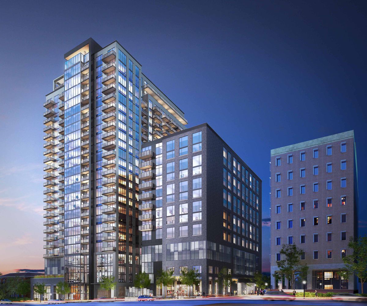 The latest rendering of Ascent Midtown in Atlanta, showing a glassy residential tower and lower, boxier hotel tower.