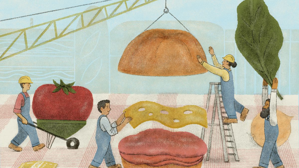 Whimsical illustration of construction workers assembling a sandwich, with a bread bun on a crane.