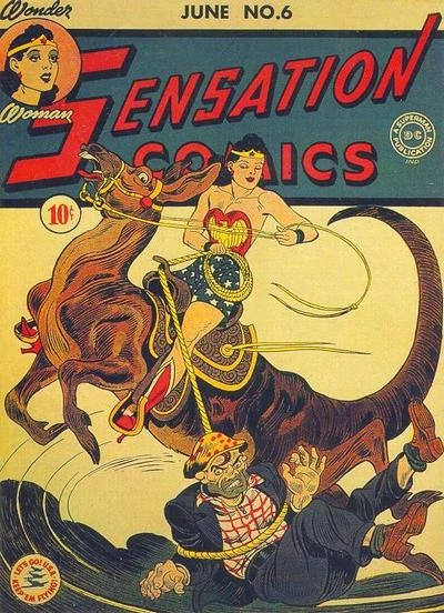 Wonder Woman rides Jumpa the Kanga while lassoing a bad guy
