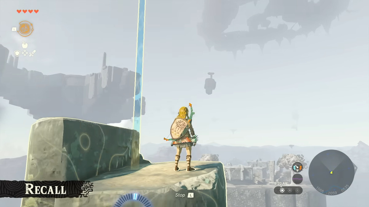 Link rides a rock into the sky in The Legend of Zelda: Tears of the Kingdom.  Recall to rewind time.