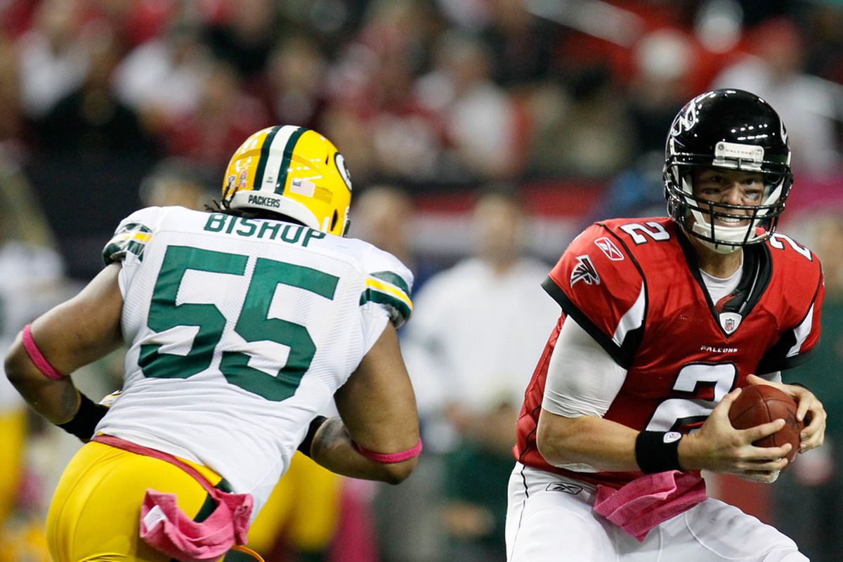 ATLANTA, GA - OCTOBER 09:  Matt Ryan #2 of the Atlanta Falcons looks to pass against Desmond Bishop #55 of the Green Bay Packers at Georgia Dome on October 9, 2011 in Atlanta, Georgia.  (Photo by Kevin C. Cox/Getty Images)