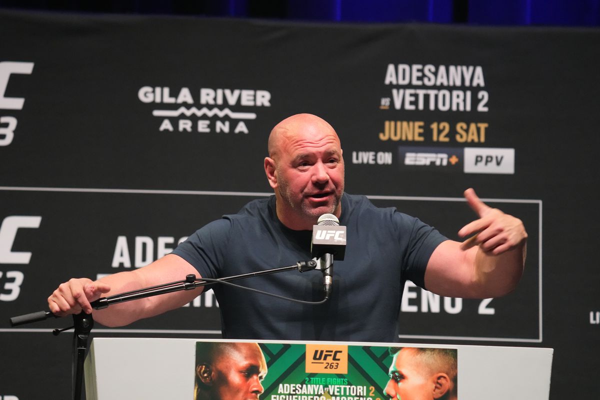 Dana White talks to the media during the UFC 263 press conference in June 2021. 