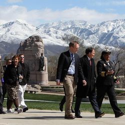 U.S. Surgeon General Regina Benjamin, right, joins Gov. Gary Herbert and Salt Lake County Mayor Ben McAdams for a walk around the Utah Capitol in Salt Lake City, Tuesday, April 9, 2013.