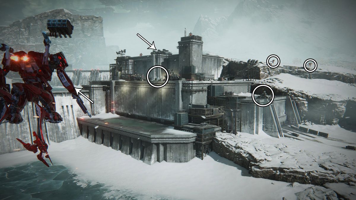A mech flies above a snowy landscape while a brutalist base looms in the background in front of mountains in Armored Core 6.