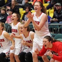 Hurricane players react as Hailey Homer makes the game-winning shot with 2.2 seconds left in the 4A semifinal girls basketball game against Lehi at the UCCU in Orem on Friday, March 2, 2018. Hurricane won 43-42.