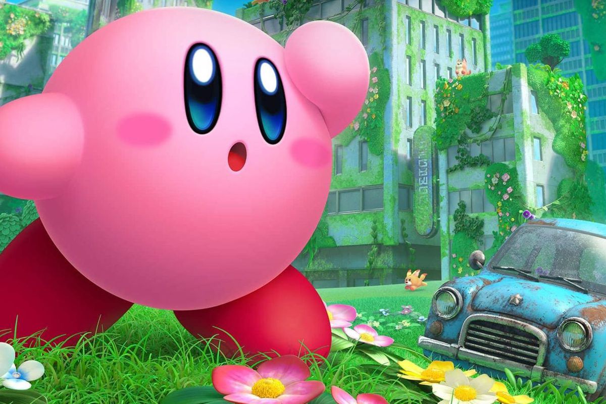 key art for Kirby and the Forgotten Land showing the adorable pink blob searching for humanity in a post-apocalyptic hellscape