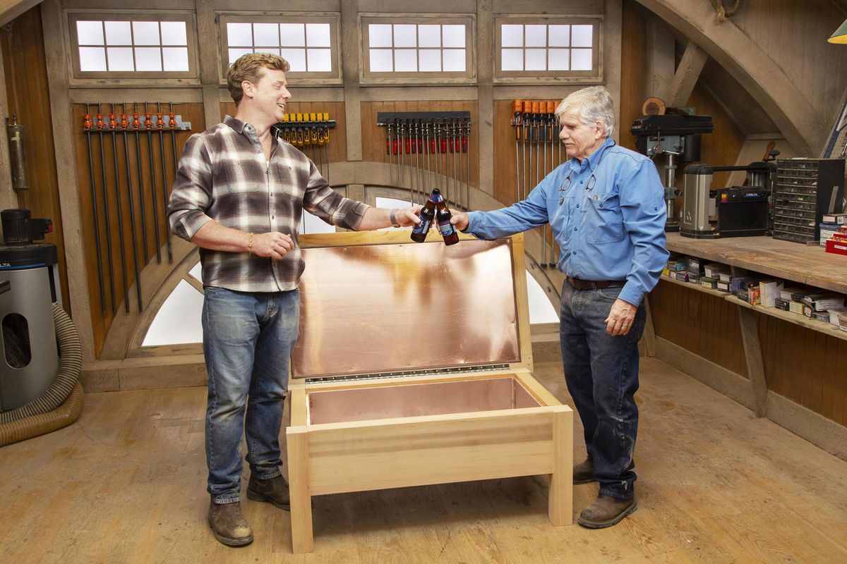 Fall 2021, Build It Cooler Bench, Tom Silva and Kevin O’Connor toast the finished cooler bench