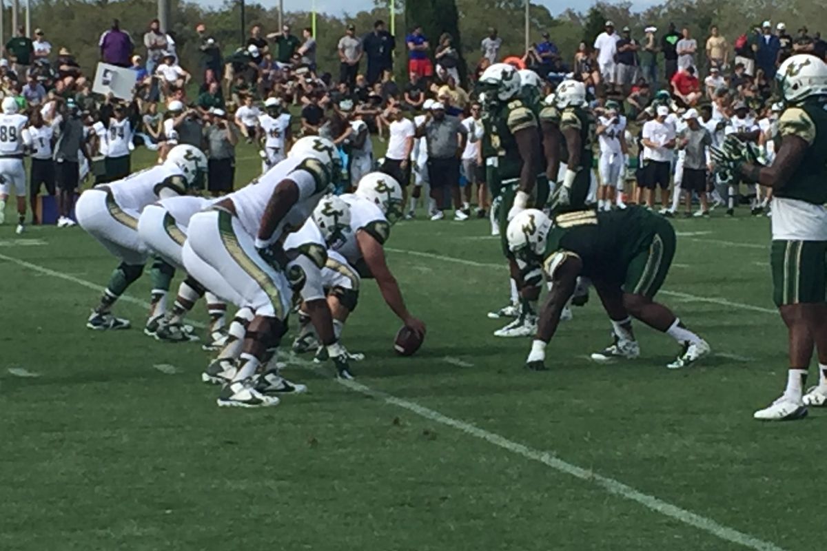 South Florida lines prepare to engage before a play in the USF Spring Game