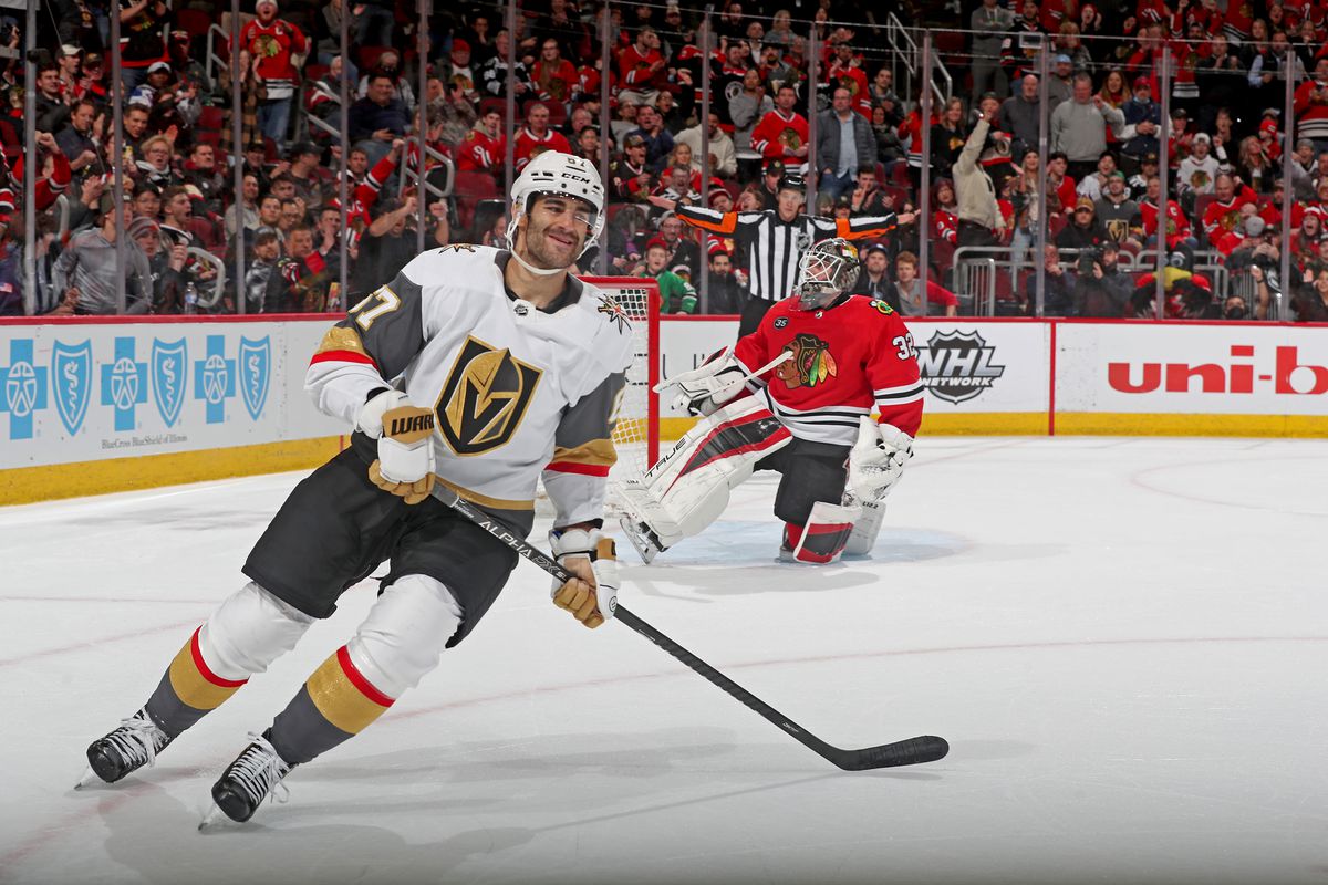 Max Pacioretty #67 of the Vegas Golden Knights does not score in the shoot-out against the Chicago Blackhawks at United Center on April 27, 2022 in Chicago, Illinois.