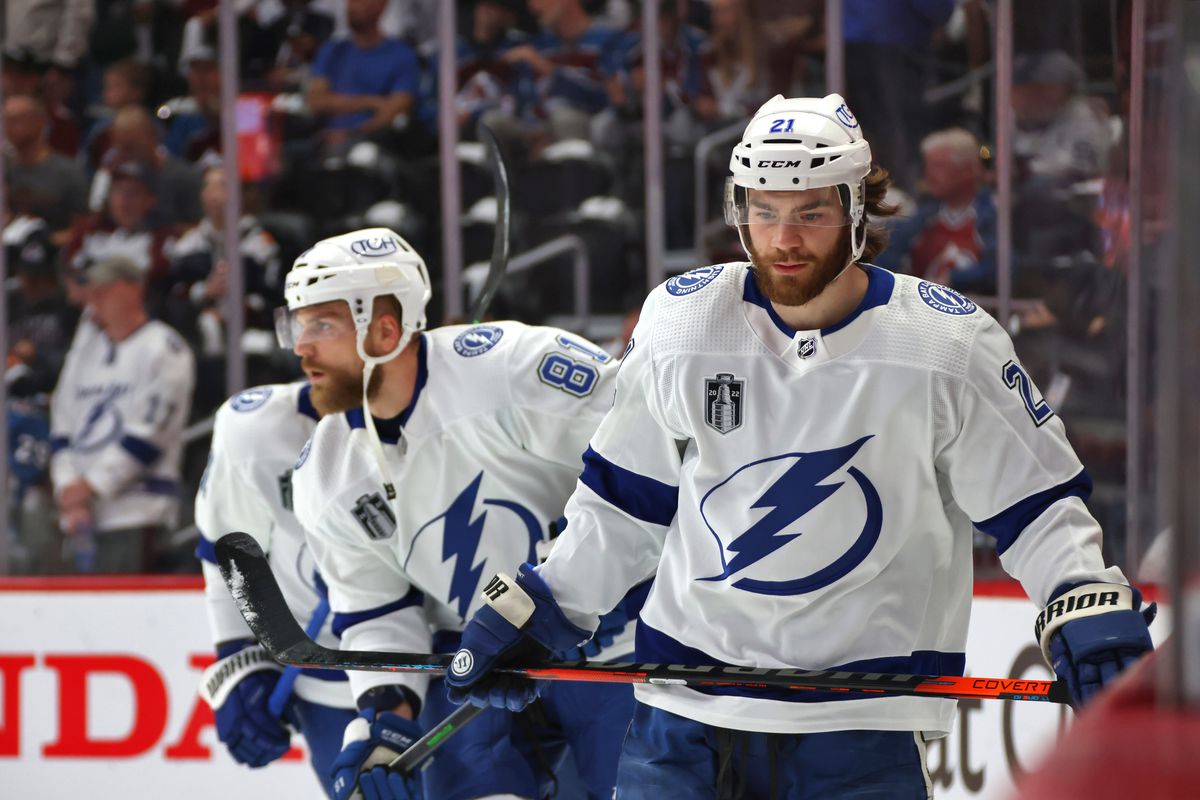 Brayden Point #21 of the Tampa Bay Lightning skates during warm-up before Game Two of the 2022 Stanley Cup Final at Ball Arena on June 18, 2022 in Denver, Colorado.