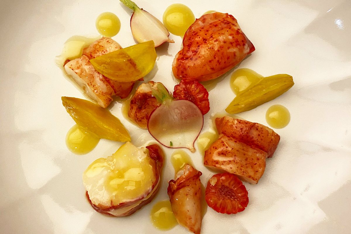 A white plate with deconstructed lobster salad.