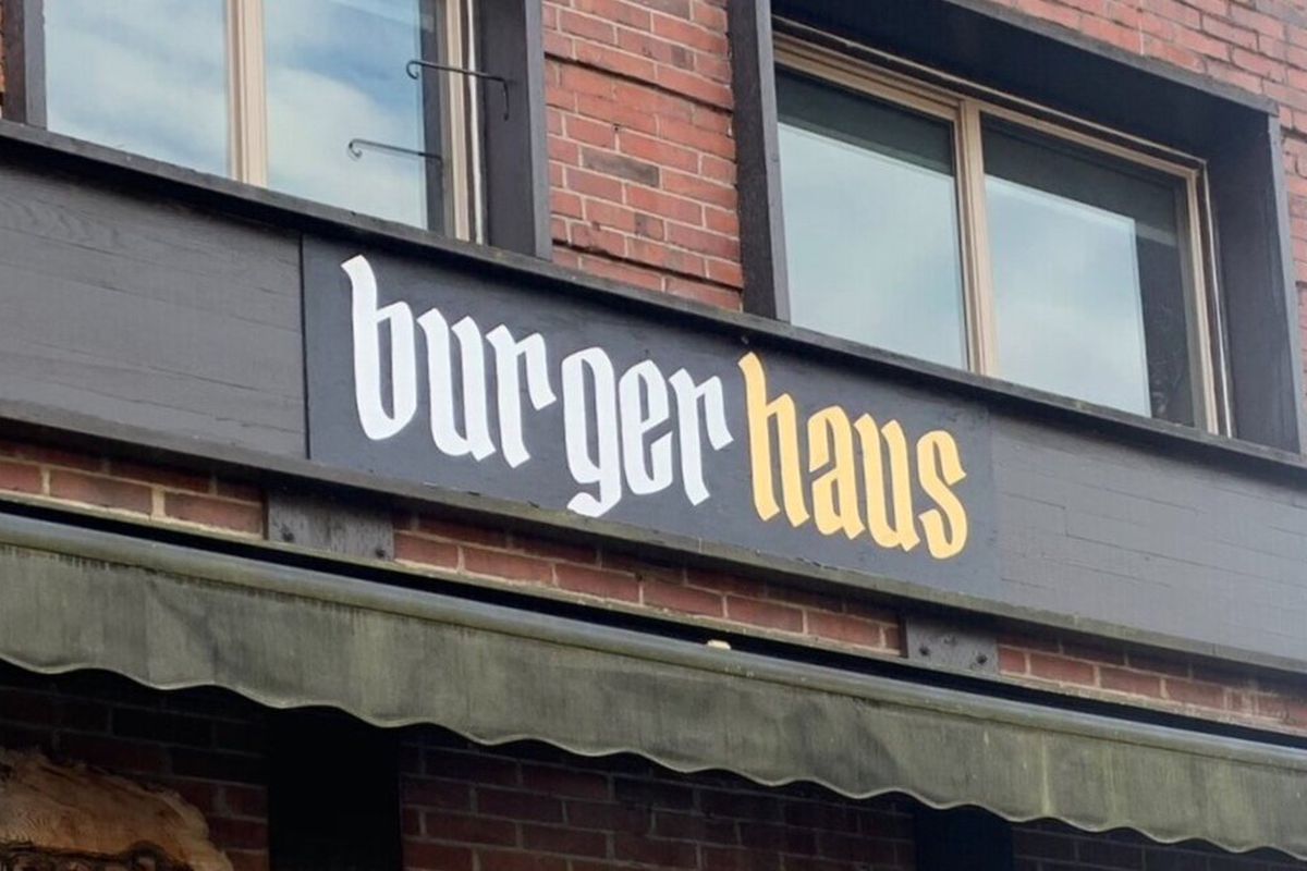 A sign that says “Burgerhaus” outside Bainbridge Island restaurant Hitchcock