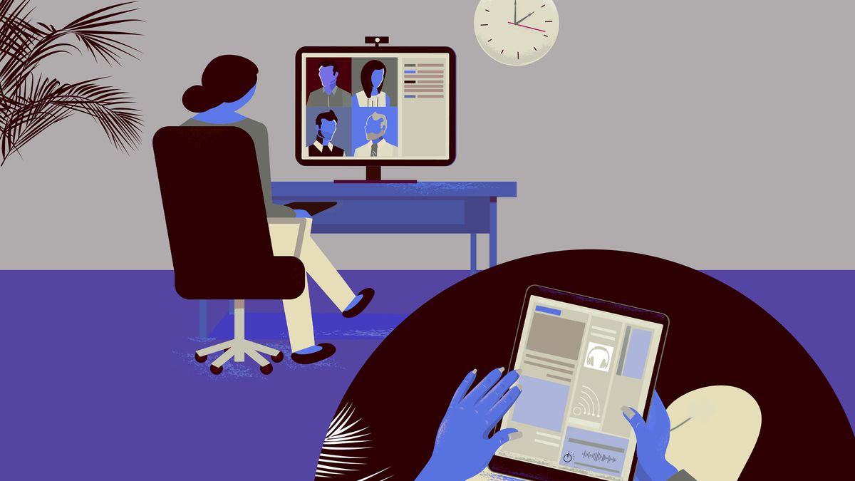 Cartoon illustration of a worker at a desk with a screen displaying a Zoom call. In the foreground is an inset showing that the person has a tablet in their lap out of sight of the work meeting.