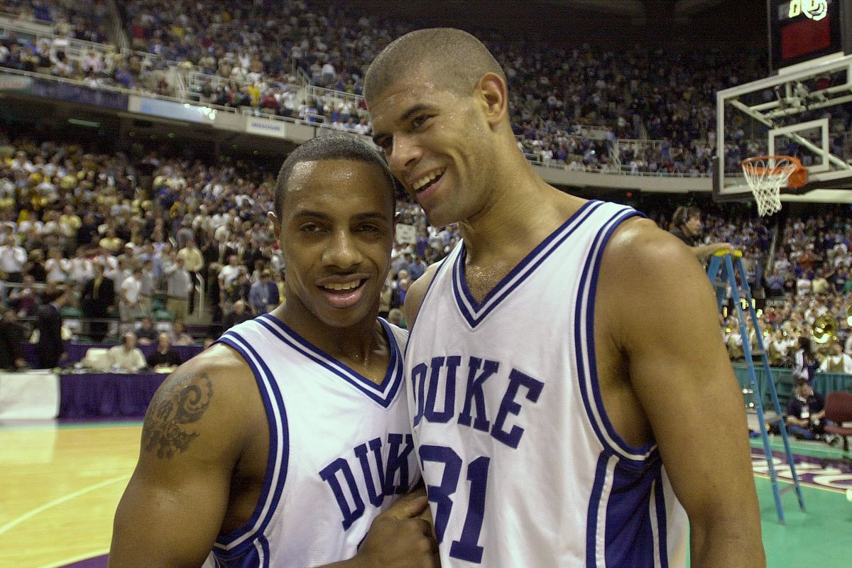 17 Mar 2001: Jason Williams #22 and Shane Battier #31 of Duke celebrate after beating Missouri in the second round of the Men's NCAA Basketball Tournament at the Greensboro Coliseum in Greensboro, North Carolina. Duke won 94-81.