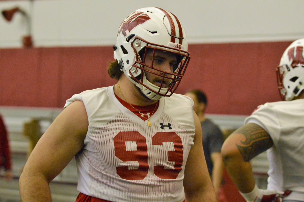 Garrett Rand at Wisconsin’s first 2018 spring practice inside the McClain Center on Tuesday.