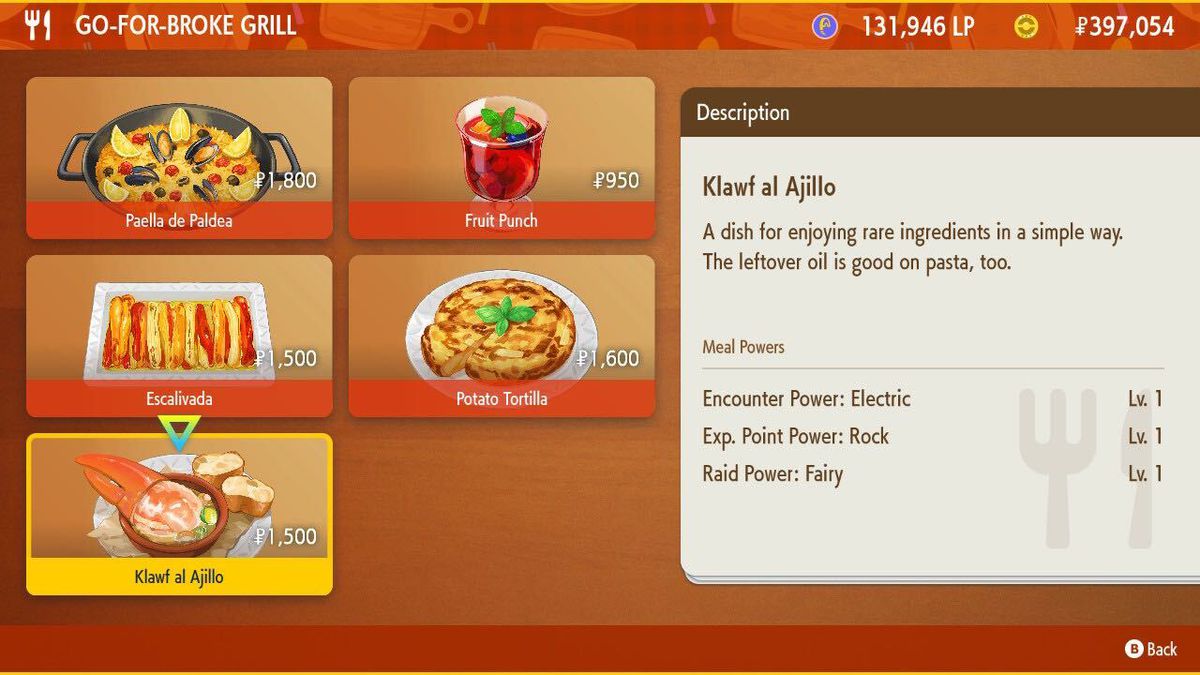 A screenshot from a menu in Pokémon Scarlet and Violet. An image for “Klawf al Ajillo” is highlighted. There is a whole Klawf claw (which looks like a crab claw) in the soup bowl, so large it sticks out of the side, along with the soup.