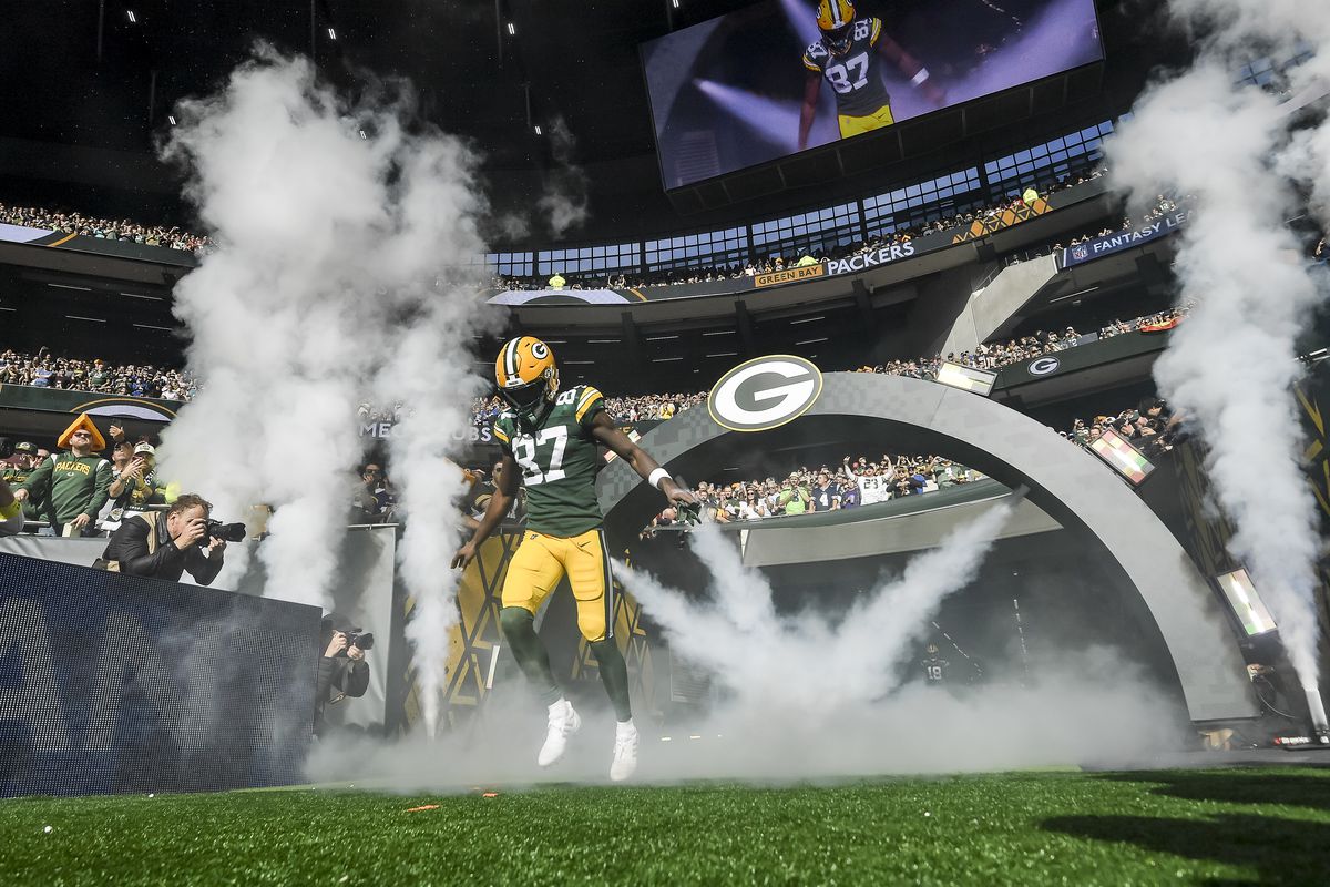 Romeo Doubs of Green Bay Packers entering the stadium prior to the NFL match between New York Giants and Green Bay Packers at Tottenham Hotspur Stadium on October 9, 2022 in London, England.
