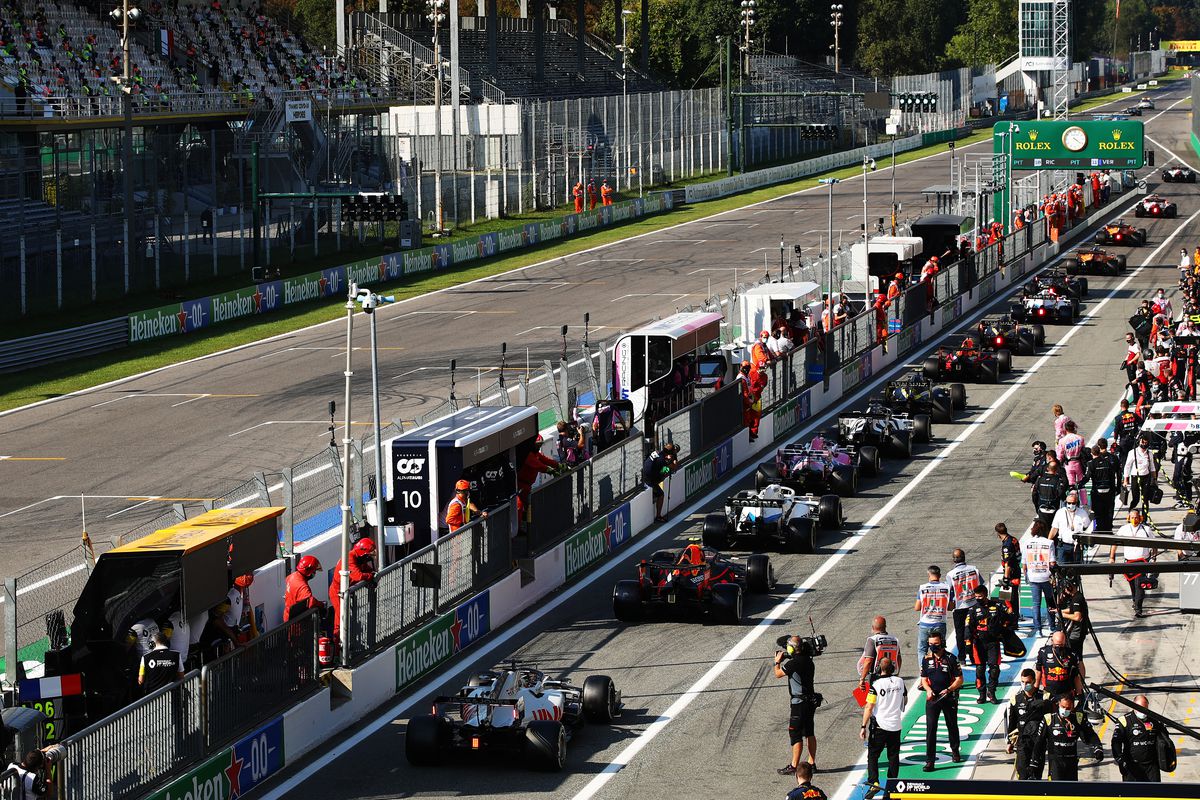 A general view of the pitlane as cars leave to return to the track after a red flag period during the F1 Grand Prix of Italy at Autodromo di Monza on September 06, 2020 in Monza, Italy.