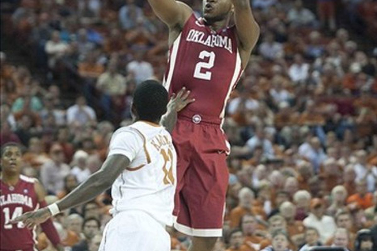 Feb 29 2012; Austin, TX, USA; Oklahoma Sooners guard Steven Pledger (2) shoots against the Texas Longhorns during the first half at the Frank Erwin Special Events Center. Mandatory Credit: Brendan Maloney-US PRESSWIRE