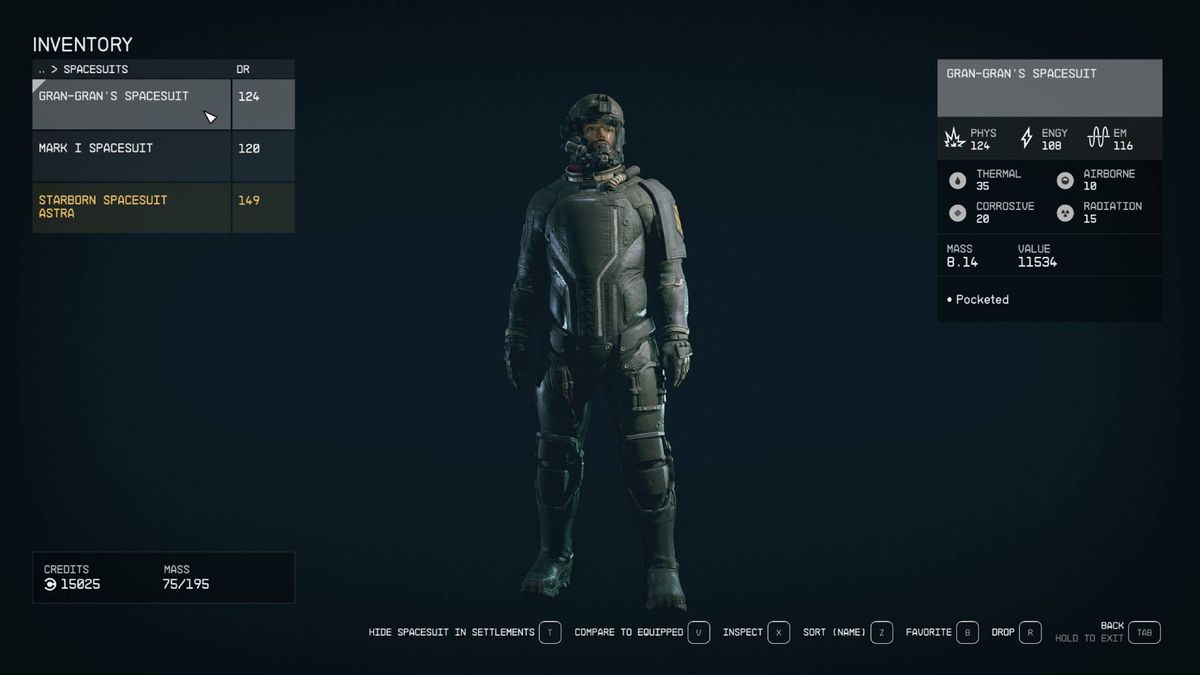 A Starfield menu shows Gran-Gran’s spacesuit, some of the best armor in Starfield.