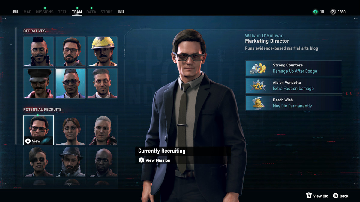 team recruiting screen showing a candidate in a blazer, tie, and smoked glasses