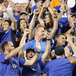 BYU fans cheer as BYU and Tennessee prepare to play a game in Knoxville on Saturday, Sept. 7, 2019. BYU won 29-26 in double overtime.