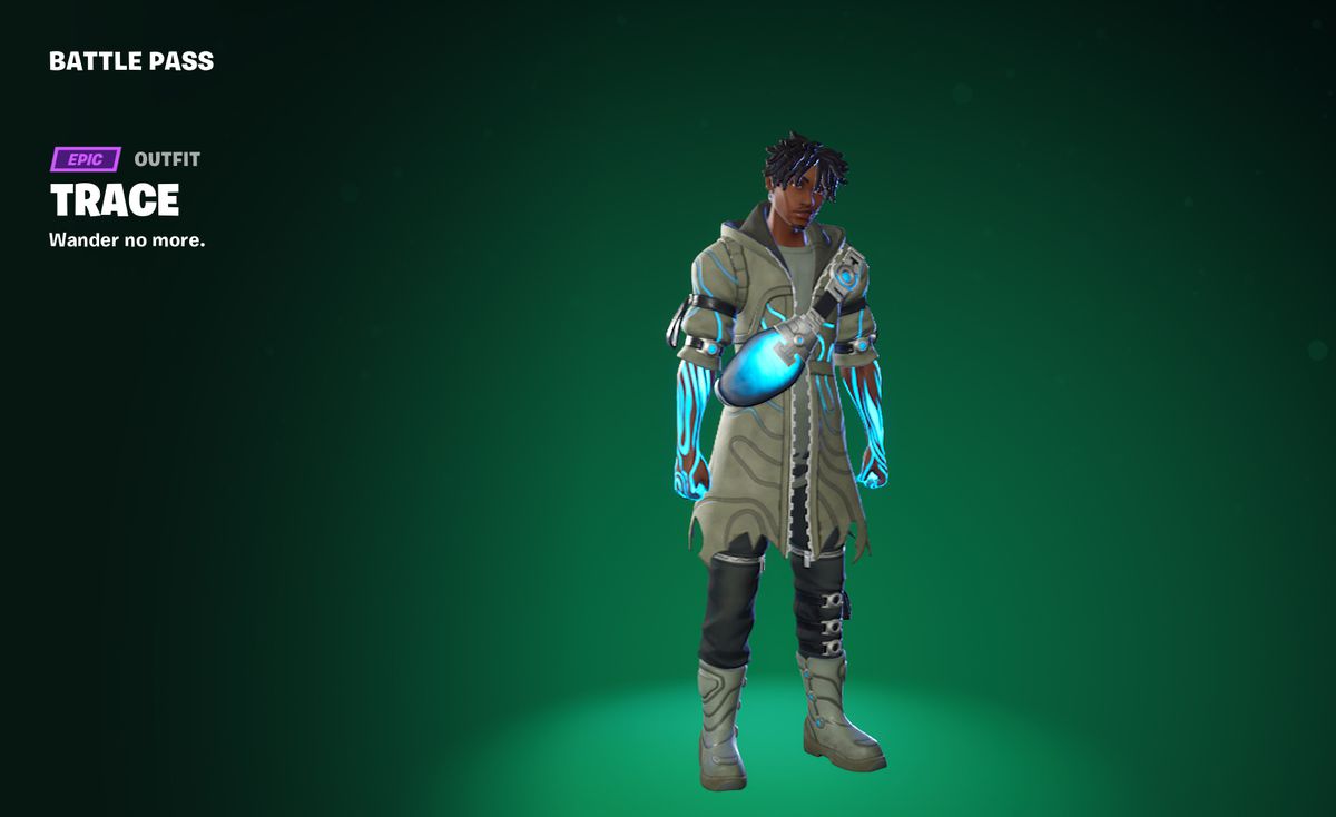 Trace, a man in a moss-green jacket and glowing blue arms in Fortnite