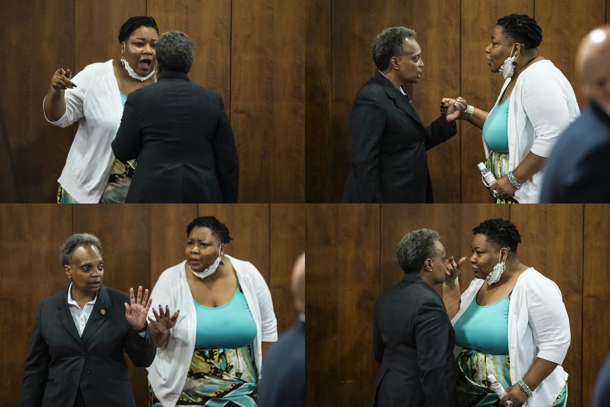 Mayor Lori Lightfoot exchanges heated words with Ald. Jeanette Taylor (20th) during a Chicago City Council meeting at City Hall, Wednesday morning, June 23, 2021.