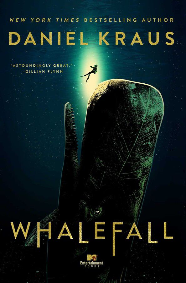 Cover image for Daniel Kraus’ Whalefall, which features a giant whale as a person i nscuba gear starts to fall towards the whale’s mouth.