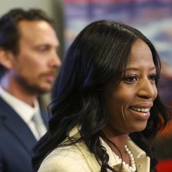 Surrounded by her family, Rep. Mia Love, R-Utah, talks about election results in the 4th Congressional District at the Utah Republican Party headquarters in Salt Lake City on Monday, Nov. 26, 2018.