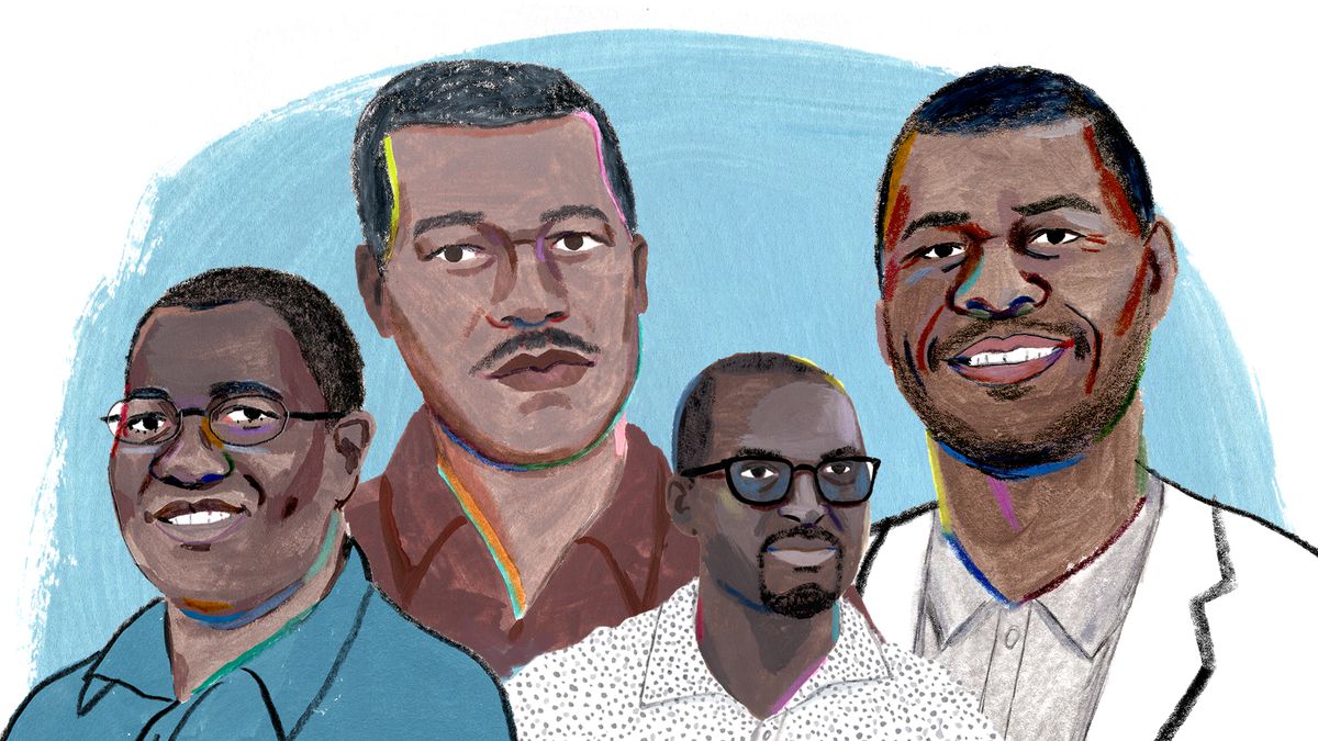 A portrait illustration of four Black men, scientists working to combat malaria.