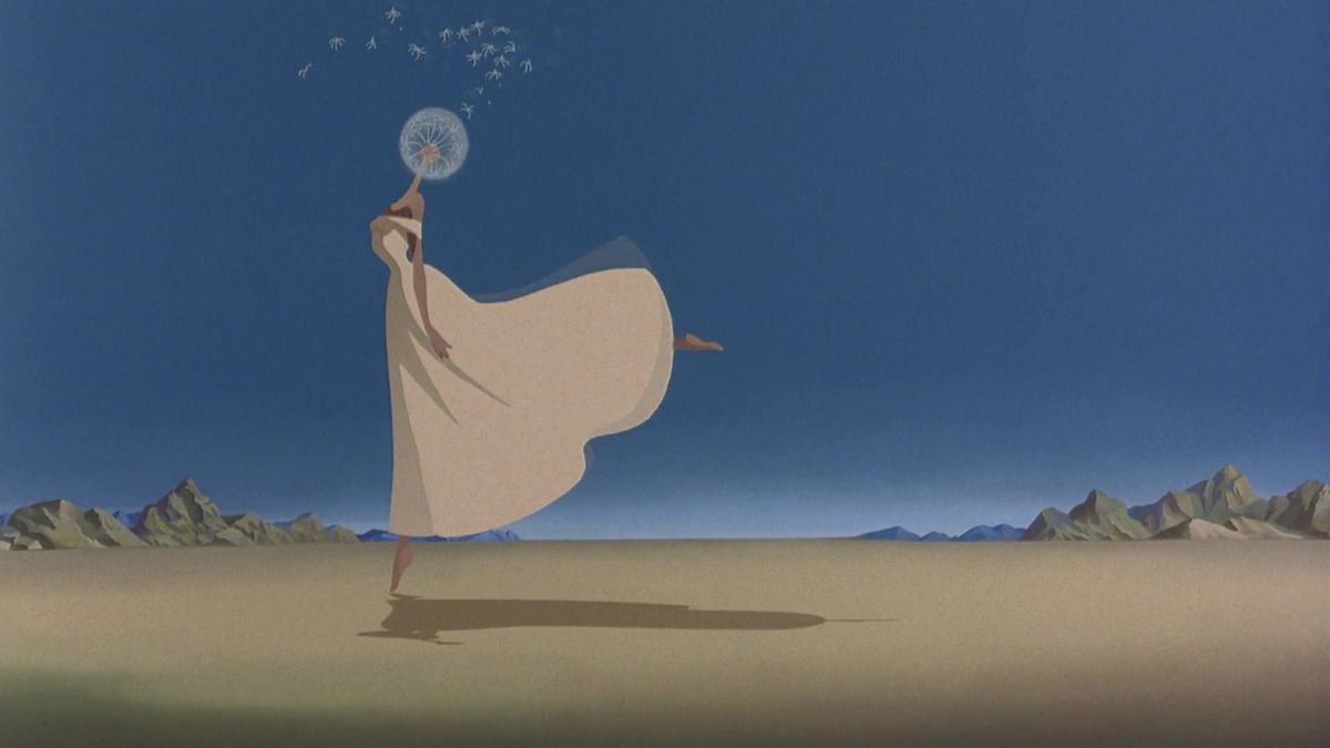 a dandelion-headed woman dances in the desert