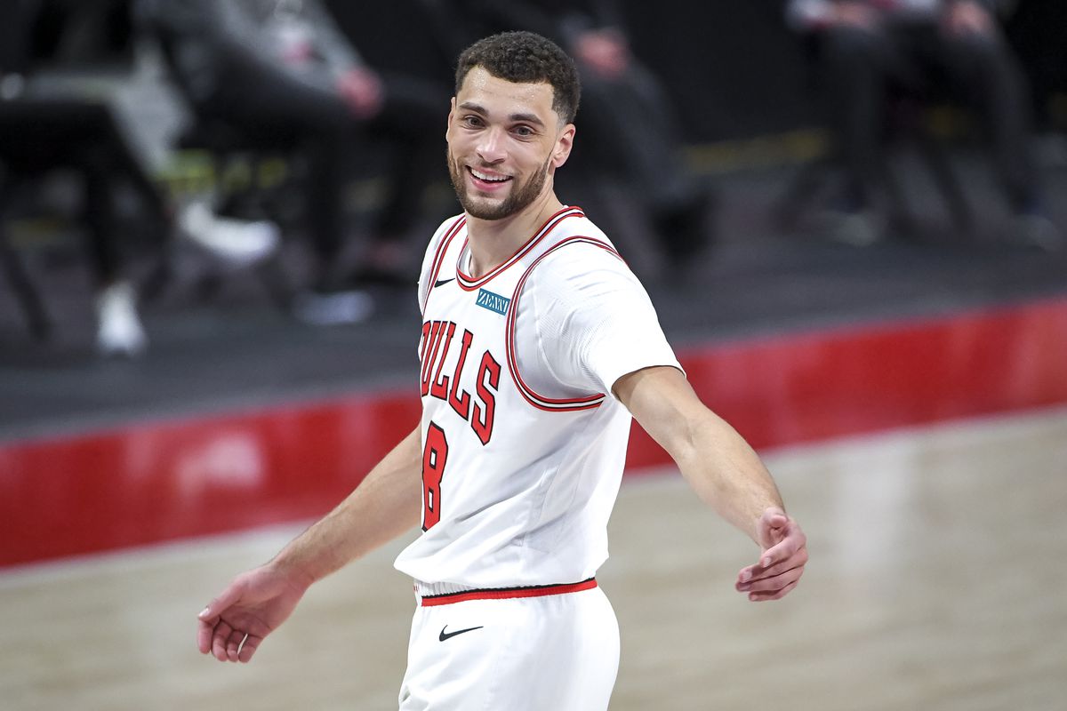 Zach LaVine #8 of the Chicago Bulls smiles during the second quarter of the NBA game against the Detroit Pistons at Little Caesars Arena on May 09, 2021 in Detroit, Michigan.