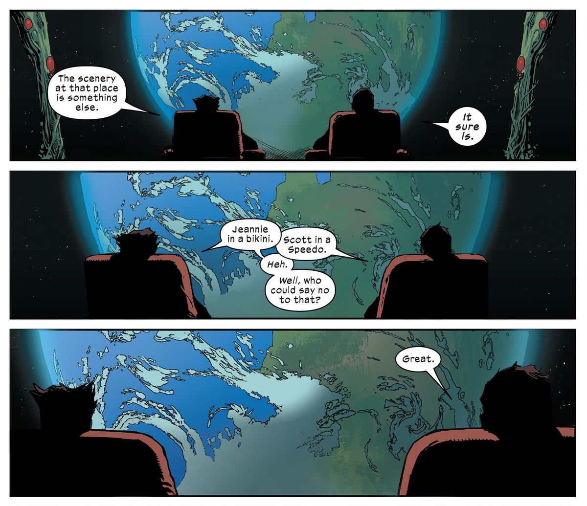 “Jeannie in a bikini,” Wolverine muses. “Scott in a speedo,” Cyclops counters. “Heh.” Wolverine responds. “Well, who could say no to that?” “Great,” Scott says. From X-Men #7, Marvel Comics (2020). 