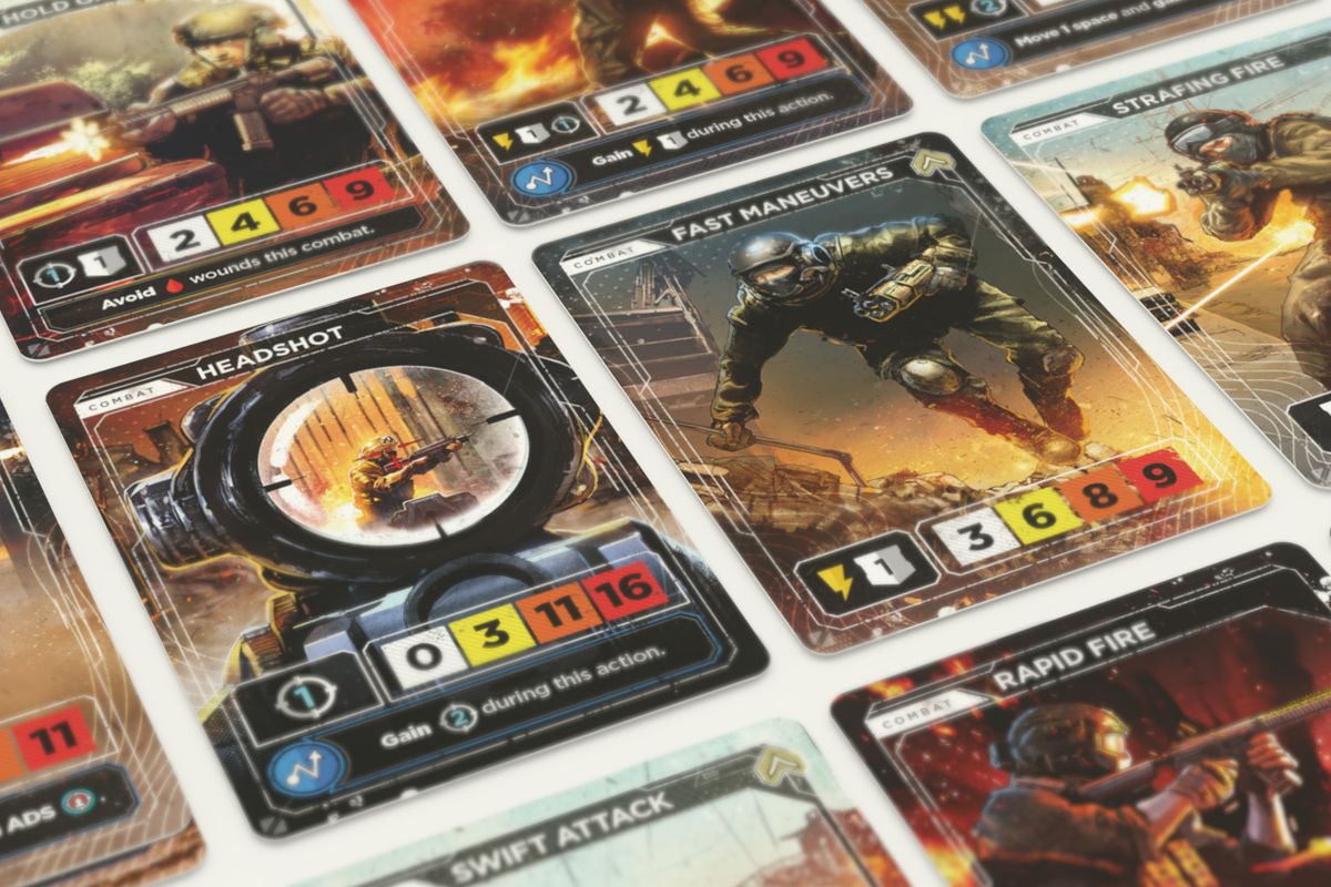 Cards from Call of Duty: The Board Game show stylized, comic-book style art of operators waging war in close quarters.
